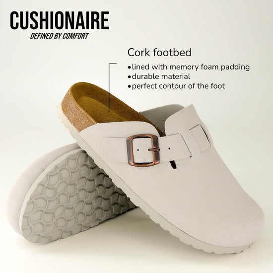 CUSHIONAIRE Hana clogs — Comfortable vegan suede with cork footbed and arch support