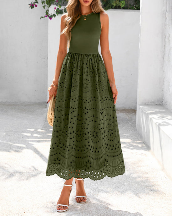 Dowerme dress — Casual sleeveless A-line maxi with pockets and lace eyelet detail.
