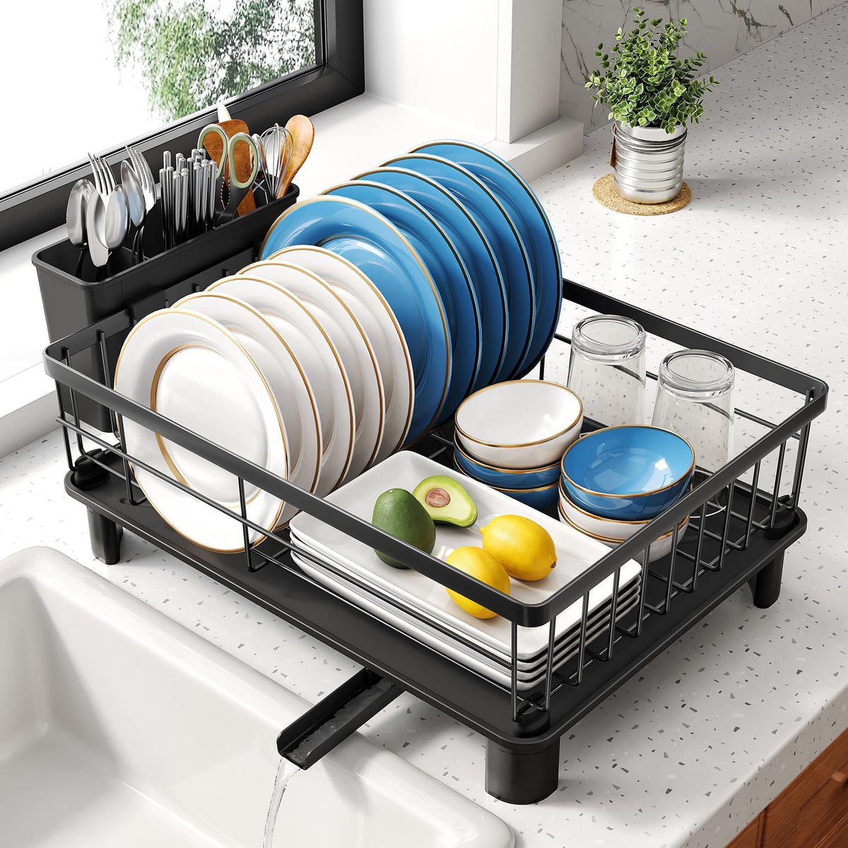 SNTD drying rack — small stainless steel dish drainer with utensil holder and drainboard