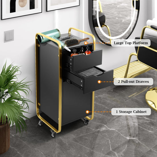 Black Salon Stations for Hair Stylist with Rolling Wheels, Heightened Beauty Salon Trolley Cart, Barber Hair Station Organizer with Dryer Holder & Drawer, Hairdressing Tools (Black Gold)