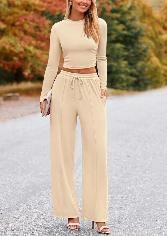 Coordinated outfit — PrettyGarden women's long sleeve crop top and wide leg pants set