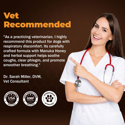 Manuka Honey for Dogs - Supports Collapsed Trachea, Cough Relief, Wheezing & Phlegm Comfort - New Zealand Manuka Honey + Natural Herbal with Slippery Elm and Quercetin — Immune Support — 5 oz