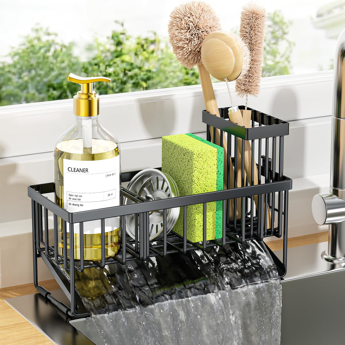 Cisily kitchen sink caddy with high brush holder and sponge holder for sink