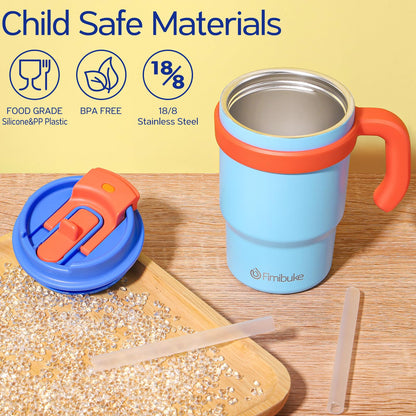 Fimibuke kids drinking cup — insulated with handle and straw, 16oz, BPA free stainless steel