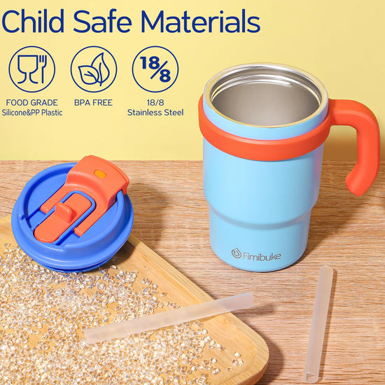 Fimibuke kids drinking cup — insulated with handle and straw, 16oz, BPA free stainless steel