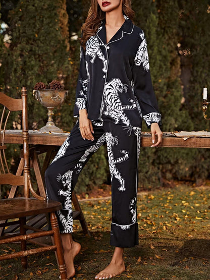 Brosloth women's silk satin pajamas with lace pattern in black