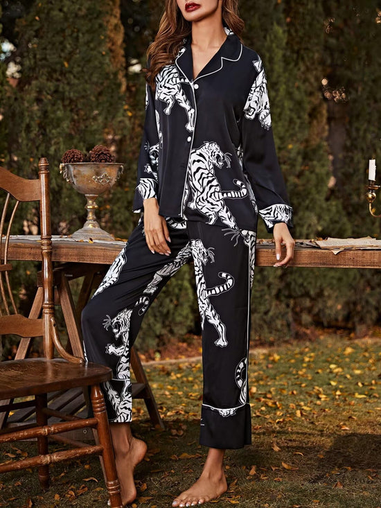 Brosloth women's silk satin pajamas with lace pattern in black