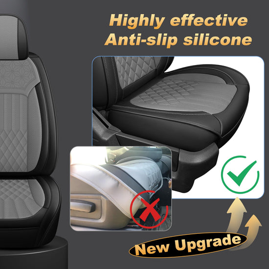 AOMSAZTO vehicle seat covers - Faux leather waterproof full set for Ford F150 F250 F350 F450 2009-2026 in black and grey