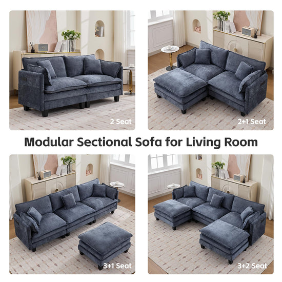 Opiesit Modular Sectional Sofa with Movable Ottoman, 110" 4-Seat Modern Couches for Living Room, Comfy L Shaped Couch Set with Deep Seat for Office and Apartment, Blue Chenille Fabric