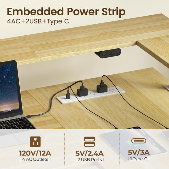 Rolanstar L shaped desk with LED light and power outlet. 61.2 height adjustable electric desk.