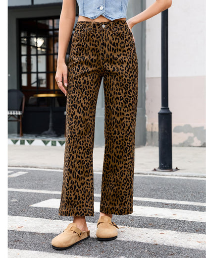 PANTS — Trendy high waisted cheetah print wide leg jeans by LookbookStore