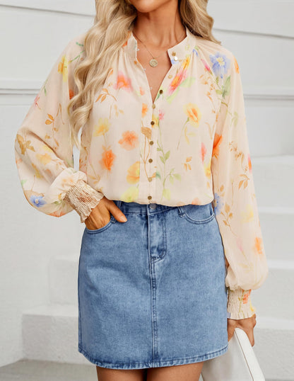 Shirt — Floral print long sleeve button down blouse by ZESICA
