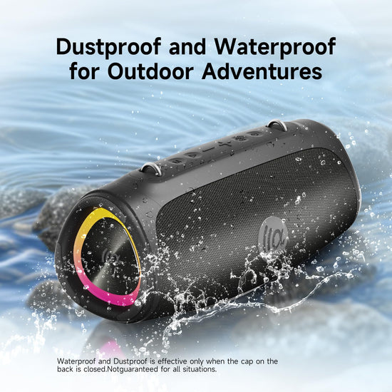 TAZATA portable loud Bluetooth speaker with large subwoofer and powerbank function.