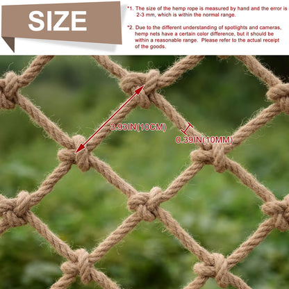 Safety Hemp Rope Net Kids Climbing Safety Netting Children Balcony Stairs Fence Railing Garden Playground Protection Heavy Duty Tree House Indoor&Outdoor Decor Rope Net 10mm/10cm 3.3x6.6ft(1x2m)