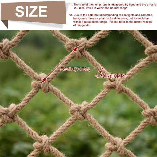 Safety Hemp Rope Net Kids Climbing Safety Netting Children Balcony Stairs Fence Railing Garden Playground Protection Heavy Duty Tree House Indoor&Outdoor Decor Rope Net 10mm/10cm 3.3x6.6ft(1x2m)