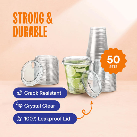 Drinking cup — Clear cups with strawless sip-lids, 50 pack