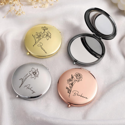 Ahgmeside Personalized Compact Mirror for Women - Pocket Mirror for Women,Custom Birthflower Travel Makeup Mirror for Wife, Mom, Bridesmaid Gifts for Daughter Friend (Black)