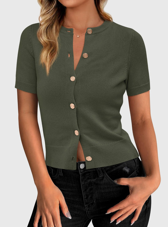 Sweater — Womens casual summer short sleeve button down cardigan by PRETTYGARDEN
