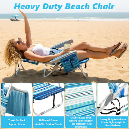 Folding Backpack Beach Chair for Adults, 5-Position Aluminum Lightweight Reclining Beach Chair, Low Sands Compact Chairs with Cup Holder and Padded Headrest for Lawn Patio Poolside,Supports 300lbs