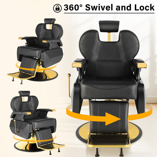 Barber Salon Hair Chair, Hydraulic Rolling 360° Swivel Barber Reclining Chairs for Barbershop, Heavy Duty Hairdresser Chair Beauty Salon Spa Shampoo Styling Equipment, Adjustable Headrest, Black&Gold