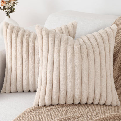 Pallene decorative pillow covers — luxury soft fluffy striped design 18x18 set of 2 cream white