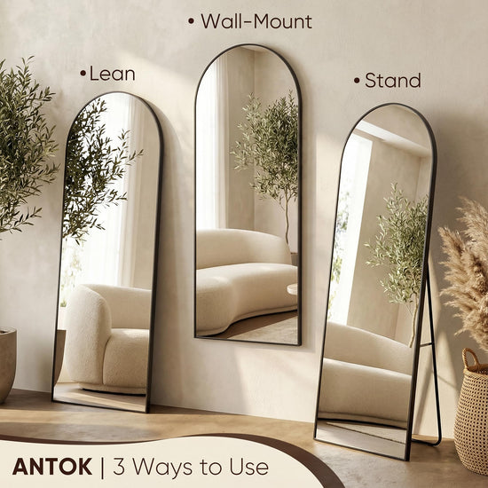Antok arched floor mirror — aluminum frame, free standing or wall mount