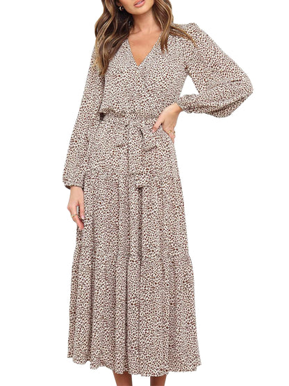 Dress — Long sleeve floral maxi with tie waist by PRETTYGARDEN