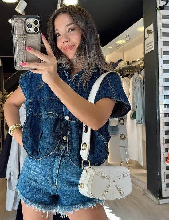 Shirt — Cropped denim top with pockets and collar