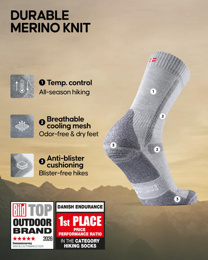 DANISH ENDURANCE merino wool hiking socks - breathable and anti-blister design