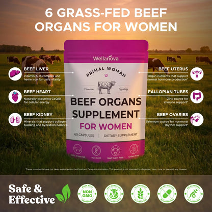 Primal Beef Organ Supplement for Women, Grass-Fed Ancestral Superfood Supplement with Uterus & Liver for Hormone Balance & Queen Energy - 60 Capsules