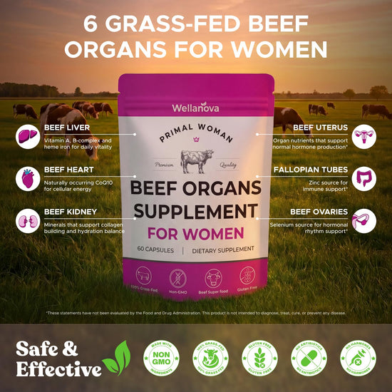 Primal Beef Organ Supplement for Women, Grass-Fed Ancestral Superfood Supplement with Uterus & Liver for Hormone Balance & Queen Energy - 60 Capsules