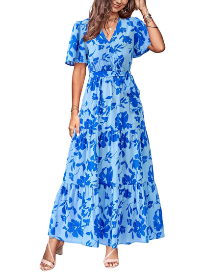 Dress — Swiss dot maxi with wrap v neck and flutter sleeves by Mascomoda