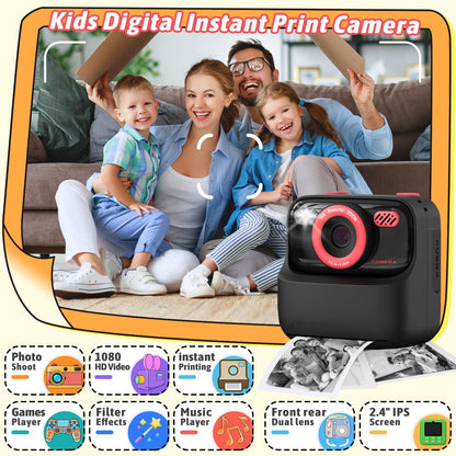 Digital camera — 1080P HD dual-lens with print paper and 32G card for kids ages 3-16 years old
