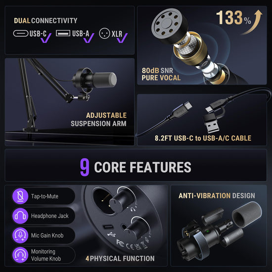 FIFINE K688 microphone - USB/XLR dynamic with boom arm and mute button