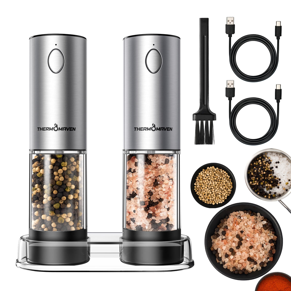 Seasoning mill — Rechargeable electric grinder set with adjustable coarseness 2 packs black