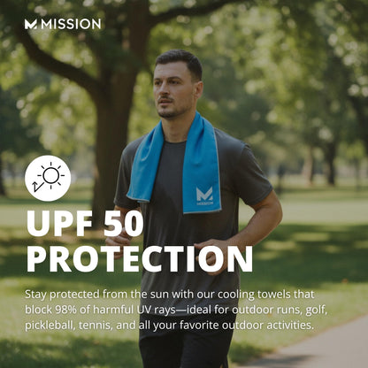 MISSION cooling towel — soft microfiber with UPF 50 protection and machine washable