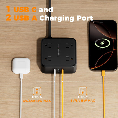 TESSAN power strip with flat plug and 8 outlets, 900J surge protection.