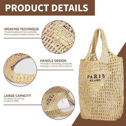 POOOPSSD woven tote bag - foldable large capacity beach shoulder bag for holiday
