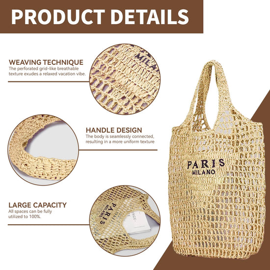 POOOPSSD woven tote bag - foldable large capacity beach shoulder bag for holiday