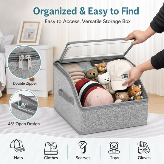 ZJKCXZEPNOV Hat Organizer for Baseball Caps, Clear Window Storage Container Holds Up to 12 Caps, Grey Closet Hat Holder Box for Home & Bedroom Organization