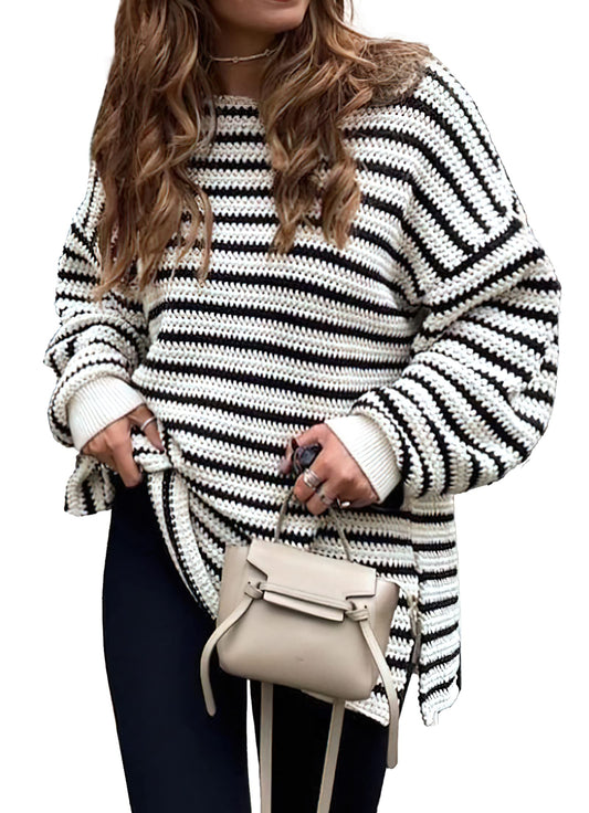 KIRUNDO women's oversized striped sweater with side split detail