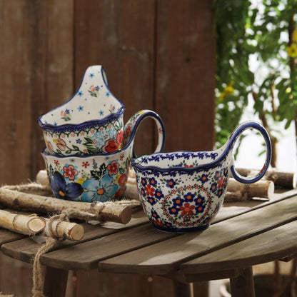 ALMA soup bowl with loop handle - Handpainted Polish pottery style, microwave safe