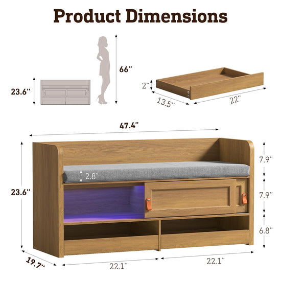 STO'SENSE Premium Entryway Bench with Storage & Invisible UV Shoe Care Modern Oak Mudroom Bench with Hidden Sliding Doors & Pop-Out Drawers Upholstered Seating, 47" (Oak)