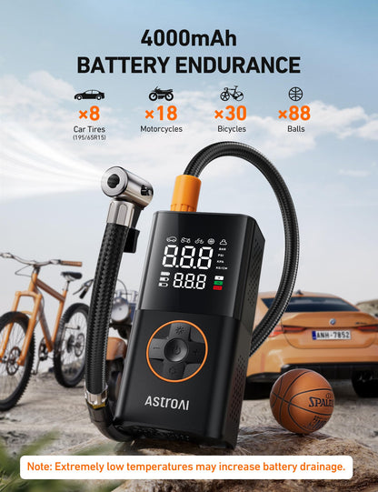 AstroAI L7 tire inflator — Cordless mini air compressor with digital display gauge and LED light