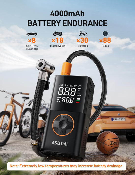AstroAI L7 tire inflator — Cordless mini air compressor with digital display gauge and LED light