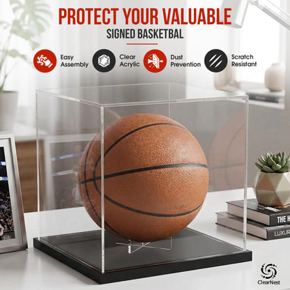 ClearNest Basketball Display Case Full Size – Clear Acrylic Basketball Display Box with UV Protection & Black Base for Autographed Basketball Memorabilia Collectibles