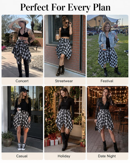 Skirt — High waisted plaid mini with asymmetrical hem and knot front design.
