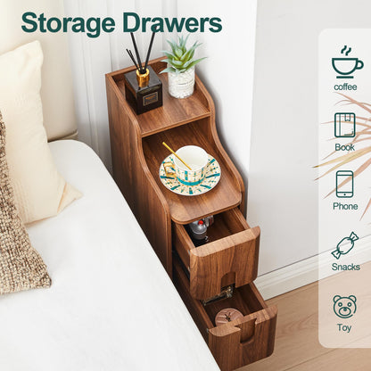 Narrow End Table Living Room, Wooden Small 2 Drawer Nightstand Bedroom, Thin Couch Side End Table, Vintage Skinny Bedside Table Small Spaces, Mid Century Modern Night Stand with Drawers (Walnut-1 pc)