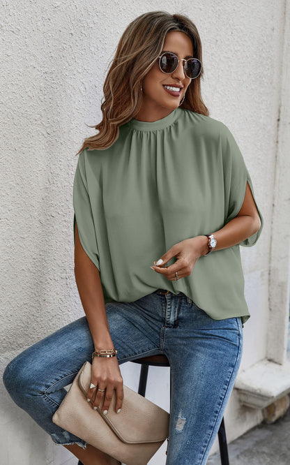 Angashion shirt — Short sleeve self tie loose fit tunic blouse