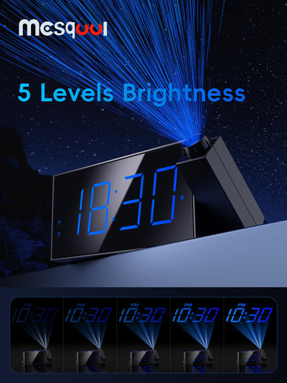 Digital projection alarm clock — 180° rotatable projector with USB charger and dual alarms